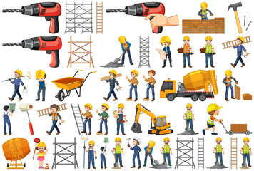 Wall Mural - set of construction site objects and workers