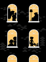 Wall Mural - Night windows building with people silhouettes