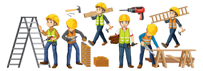 Wall Mural - group of construction workers cartoon characters