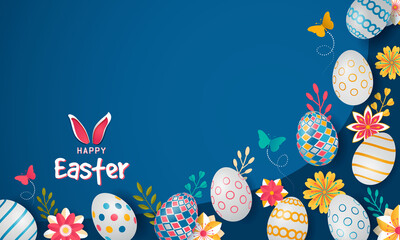 happy easter floral colorful horizontal banner design. flowers, butterflies, bunny ears and colorful