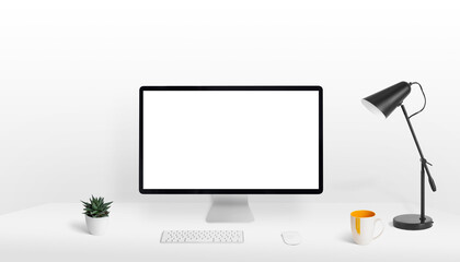 Fototapete - Computer display mockup on work desk. Blank, white, isolated screen for web page presentation. Clean, fla composition