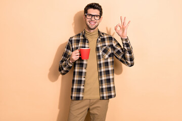 Sticker - Photo of positive guy manager relax coffee break make okay hand symbol isolated pastel color background