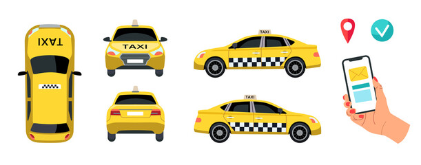 Poster - Taxi service elements vector illustrations set. Taxi cab top, side, back and front view, location marks, hand holding phone, yellow car isolated on white background. Traveling, transportation concept