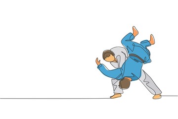 Poster - One single line drawing of two young energetic judokas fighter men battle fighting at gym center vector graphic illustration. Martial art sport competition concept. Modern continuous line draw design