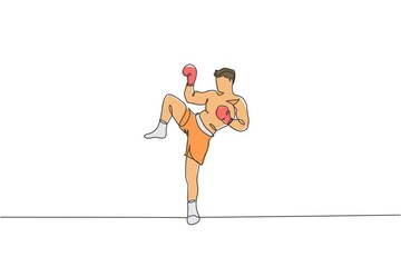 Poster - One continuous line drawing of young sporty muay thai boxer man preparing to fight, stance kick at box arena. Fighting sport game concept. Dynamic single line draw design vector illustration graphic