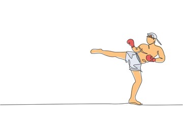 Poster - Single continuous line drawing young sportive man training thai boxing at gym club center. Combative muay thai sport concept. Competition event. Trendy one line draw graphic design vector illustration