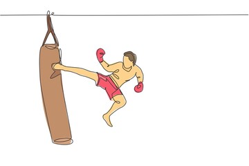 Poster - One single line drawing of young energetic man kickboxer practice jump kicking with punch bag in boxing arena vector illustration. Healthy lifestyle sport concept. Modern continuous line draw design