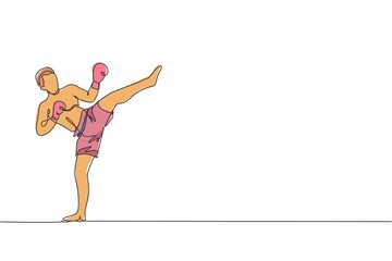 Poster - One single line drawing of young energetic man kickboxer practice high kick stance in boxing arena graphic vector illustration. Healthy lifestyle sport concept. Modern continuous line draw design