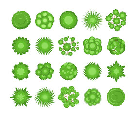 Wall Mural - Top view of green trees and bushes vector illustrations set. Plant elements for garden, forest or park plan or map from birdseye view isolated on white background. Ecology, landscape design concept