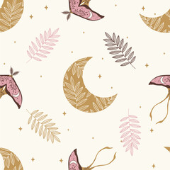 mystical and celestial seamless boho vector pattern. esoteric moon and star floral background.