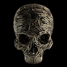 Bullet Skull Rifle Metaphor - 3D Illustration Of Long Gun Ammunition Forming Human Cranium Isolated On Black Studio Background