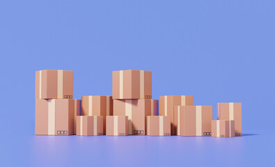 Poster - Package delivery and stack parcels box on purple background with logistics transportation service concept. import Integrated warehousing, minimal cartoon. 3d render illustration
