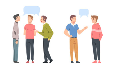 Canvas Print - Communicating people. Male friends or colleagues chatting and talking with dialogue speech bubbles cartoon vector illustration