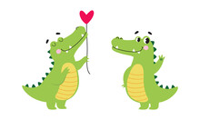 Cute Friendly Green Crocodiles Set. Lovely Baby Alligators Cartoon Vector Illustration