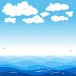 Blue sky with clouds and silhouettes of seagulls over the blue sea. Illustration, vector background
