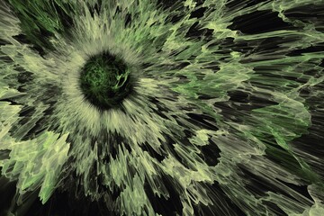 Green pattern of crooked waves on a black background. Abstract image. 3D fractal rendering