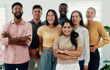 Dont you wish you were a part of this team. Cropped portrait of a diverse group businesspeople standing together after a successful discussion in the office.