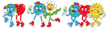 Earth, Peace, Love In Trendy Retro Cartoon Style. Funny Globe, Heart, Sun, Planet, Flower Characters With Smiley Face.