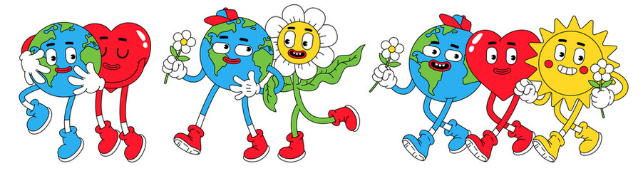 Wall Mural - Earth, Peace, Love in trendy retro cartoon style. Funny globe, heart, sun, planet, flower characters with smiley face.