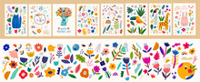 Baby Posters And Cards With Animals And Flowers Pattern. Vector Illustrations With Cute Animals. Baby Illustrations. Flower Collection With Roses, Leaves, Floral Bouquets, Flower Compositions