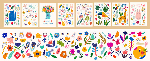 Wall Mural - Baby posters and cards with animals and flowers pattern. Vector illustrations with cute animals. Baby illustrations. flower collection with roses, leaves, floral bouquets, flower compositions