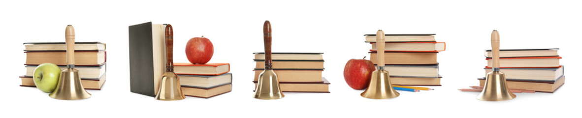 Set with school bells and books on white background. Banner design