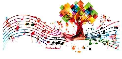 Canvas Print - Relaxing music concept with tree and musical notes isolated vector illustration. Calming colorful musical design, nature inspired with musical staff