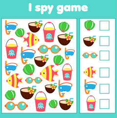 I spy game. Find and count summertime beach objects. Summer holidays activity for kids, toddlers, children