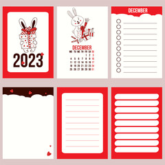 Big set calendar planner with cover for December 2023 with cute rabbit and pages, notes, control and to do list. Vector illustration. Week from Monday. in english. year of rabbit to Chinese calendar