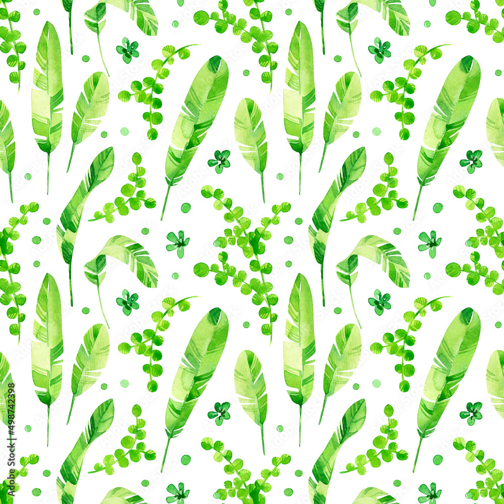 Watercolor seamless pattern. Delicate tropical leaves isolated on white ...