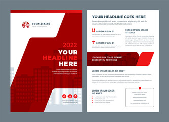 Wall Mural - Red brochure annual report flyer design template, vector abstract flat background with logo design.