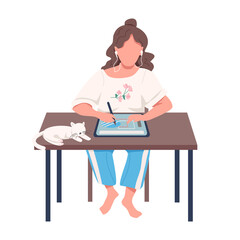 Poster - Digital designer with cat semi flat color vector character. Sitting figure. Remote work. Full body person on white. Simple cartoon style illustration for web graphic design and animation