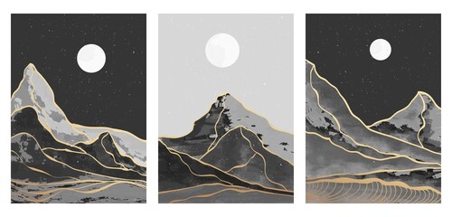 Mid century modern mountain art print. Abstract contemporary aesthetic backgrounds landscapes. illustration black and white of mountain, moon and river on set