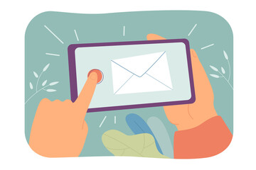 Poster - Hand holding smartphone with envelope on screen. Finger tapping button on screen, receiving letter flat vector illustration. Digital communication, technology, email concept for banner, website design