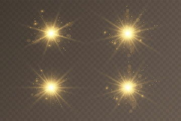 Poster - Set of golden glowing lights effects on transparent background. Sun flare with rays and spotlight. Glow effect