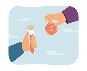 Poster - Hand exchanging tube with cure or vaccine for gold coin. Sponsor investing in medication flat vector illustration. Medicine, investment concept for banner, website design or landing web page