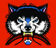 mean wolf mascot biting basketball for school, college or league