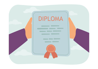 Aufkleber - Hands of college or university graduate holding diploma. Student finishing degree, certificate flat vector illustration. Graduation, education concept for banner, website design or landing web page