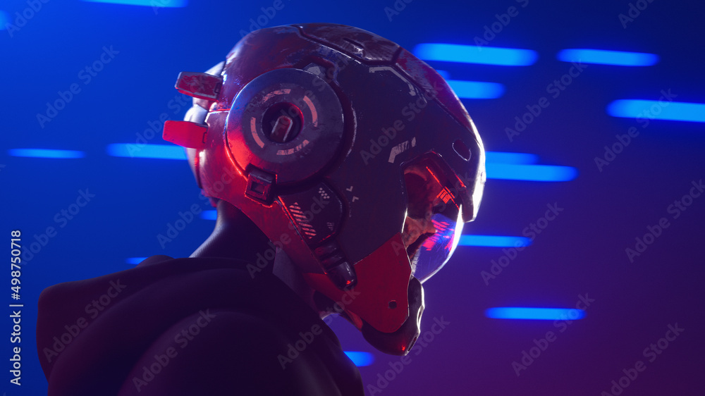 Portrait of a cyberpunk character with a human skull in sci-fi orange ...