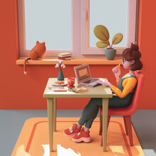 Kawaii Casual Funny Smiling Girl Use Computer For Study Near Window Holds Cookies In Her Hand. Teen Room With Red Wall, Green Table Chair Plant, Coffee Cup, Cat, Yellow Carpet. 3d Render Minimal Style
