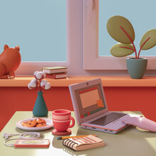 Woman's Hand Uses Computer Touchpad For Study Near The Window. Home Comfort, Red Cat Sits On Windowsill, Green Plant In Blue Pot, Books, White Plate With Cookies, Smartphone With Headphones. 3d Render