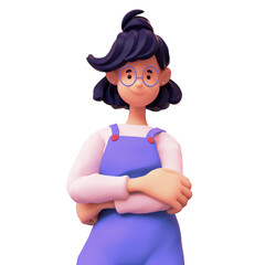 Kawaii portrait of a positive casual brunette girl chef in glasses stands with her arms crossed wears a blue apron. New startup enterprise company. Minimal style. 3d render isolated on white backdrop.