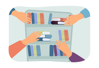 Aufkleber - Hands reaching towards books on shelves. Bookcase in library or bookstore, bookworms buying books flat vector illustration. Literature, education concept for banner, website design or landing web page