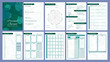 Printable vector planner pages templates in green and turquoise shades. Daily, weekly, monthly, project, budget planners. Pages with life balance wheel, affirmations and manifestations.