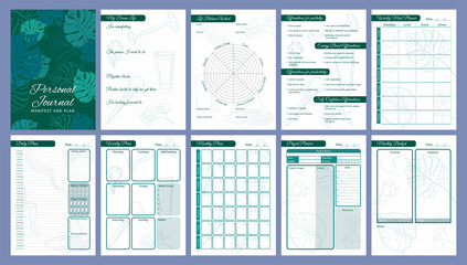 Wall Mural - Printable vector planner pages templates in green and turquoise shades. Daily, weekly, monthly, project, budget planners. Pages with life balance wheel, affirmations and manifestations.