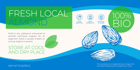 Wall Mural - Fresh Local Nuts Label Template. Abstract Vector Packaging Horizontal Design Layout. Modern Typography Banner with Hand Drawn Almonds Sketch Silhouette Background. Isolated