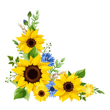Floral Corner Design Element With Blue And Yellow Sunflowers, Cornflowers, Dandelion Flowers, Gerbera Flowers, Ears Of Wheat, And Green Leaves. Vector Illustration