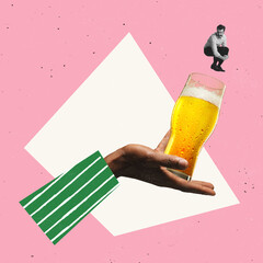 Contemporary art collage. Man jumping into giant glass of lager foamy beer isolated over pink and white background. Concept of taste, alcoholic drinks