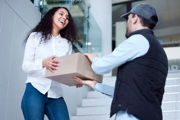 Poster - Im so excited to finally receive my parcel. Shot of a young woman receiving her delivery from the courier.