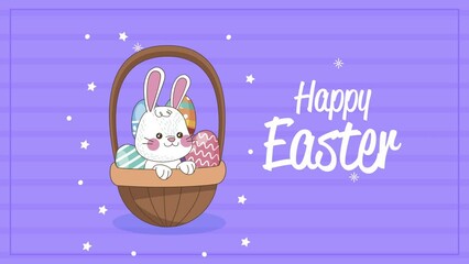 Poster - happy easter lettering celebration with rabbit in basket